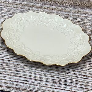 Lenox Holiday Oval Platter Gold Trim Embossed Holly Christmas Serving Dish 10 In